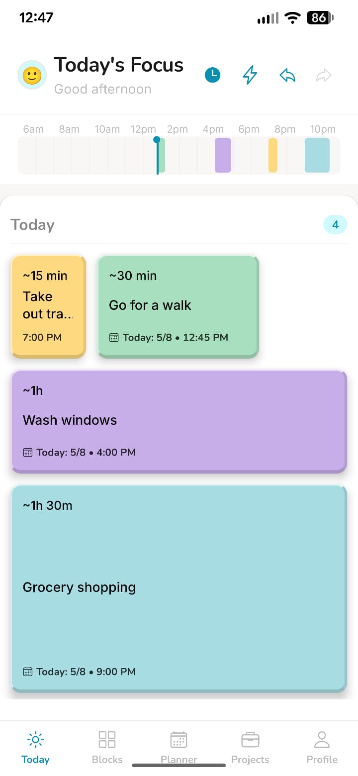 EzDo Today screen showing time-blocked tasks